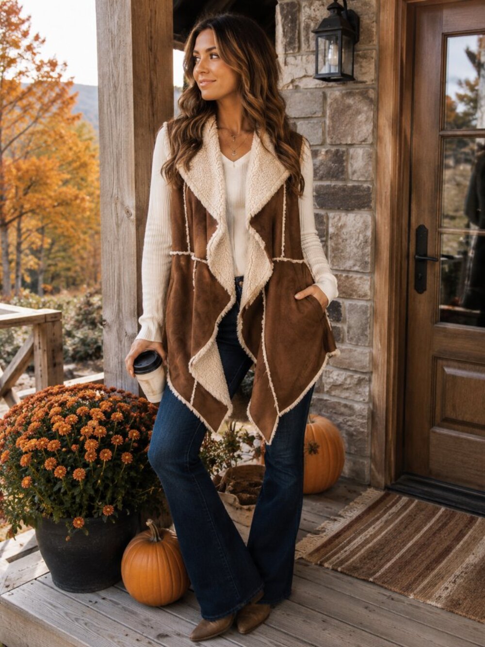 Slonl Vintage Faux Shearling Vest Women’s XL Brown Draped Waterfall Boho Western
